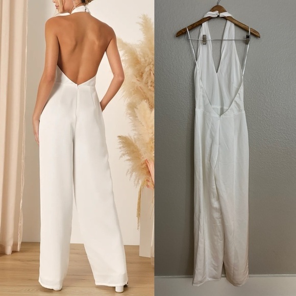 Classy White Satin Halter Wide-Leg Jumpsuit Medium - Picture 3 of 7